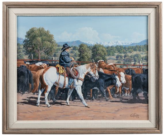 1939). Cutting Out the Bull. 2001. Oil on canvas. Signed lower right and verso. 16 x 20". Frame 19 x 23". Overall good condition. - Randy Follis