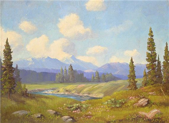 A serene landscape painting of a river valley with mountains, trees, and a blue sky.