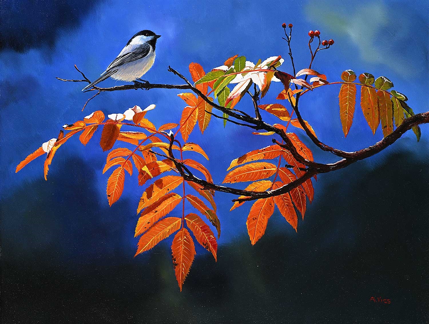 Artwork by Andrew Kiss, Chickadee on Mountain Ash, Made of acrylic on canvas