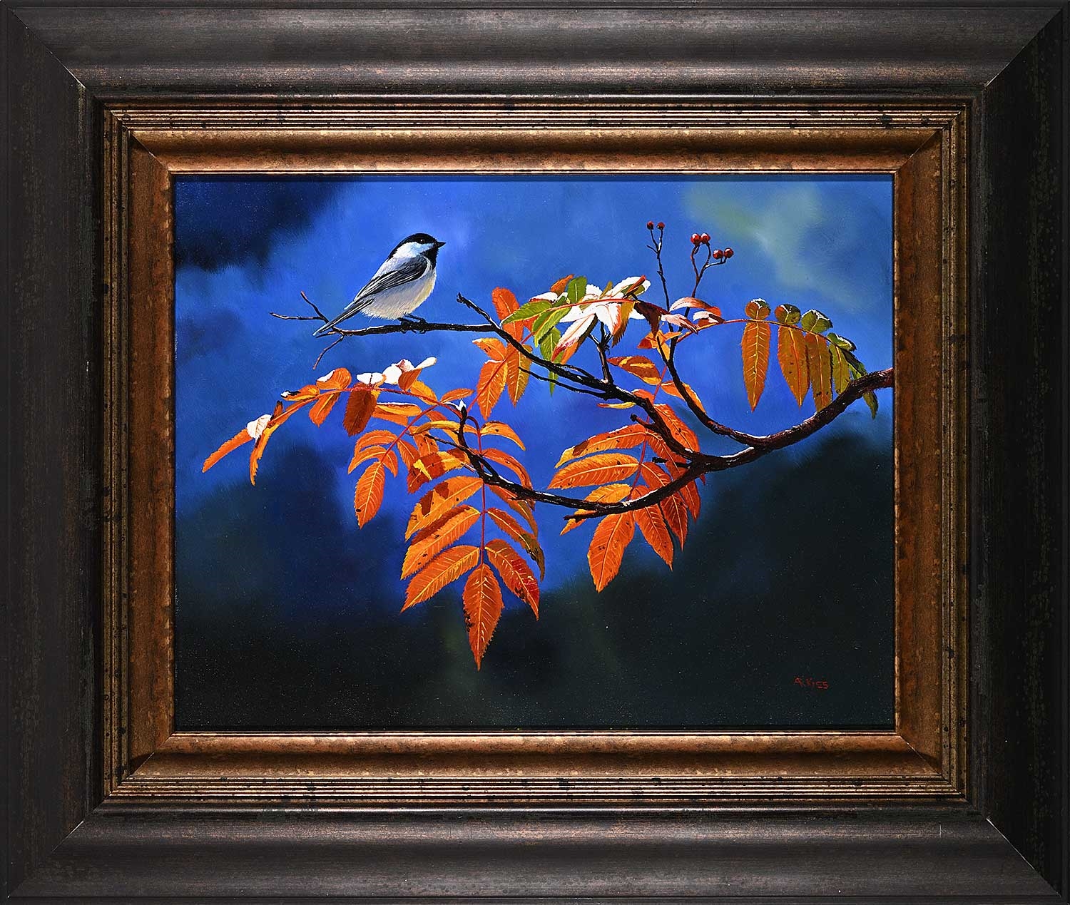 Artwork by Andrew Kiss, Chickadee on Mountain Ash, Made of acrylic on canvas