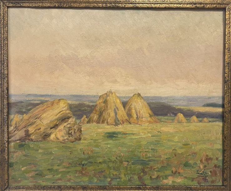 Artwork by Jean Baptiste Lampe, Les Meules de foin en Ardennes, Made of Oil on canvas