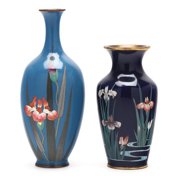 Two Japanese Cloisonne Vases with Irises by Gonda Hirosuke