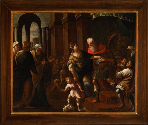 A classical oil painting depicting a dramatic biblical scene with figures in period clothing, set within an architectural interior.
