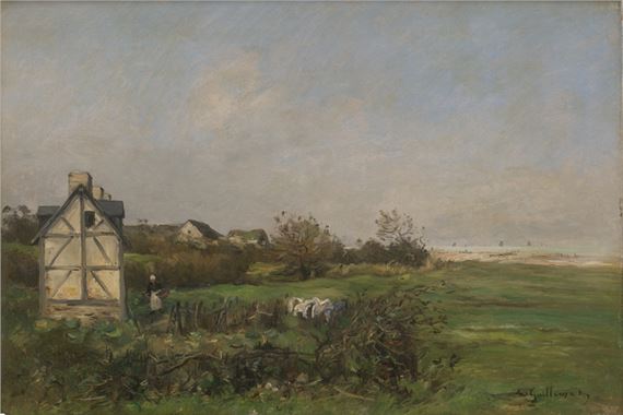 Feldlandschaft mit Gehöft und einkehrender Bäuerin by Jean Baptiste Antoine Guillemet