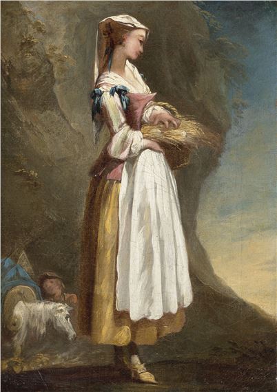 A pastoral scene featuring a woman in traditional dress holding a basket, accompanied by a goat and a seated figure.
