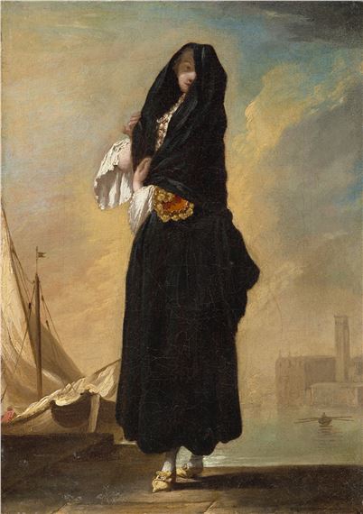 "A mysterious figure in a dark cloak stands on a dock, gazing out at the sea with a distant city skyline behind.