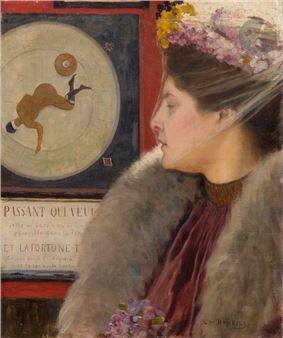 A profile portrait of a woman in a fur coat and floral headpiece, gazing at a poster featuring a stylized figure.