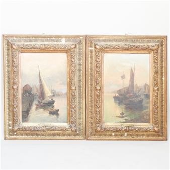 lake with sailing vessels - Andrian van Porte (19th Century)