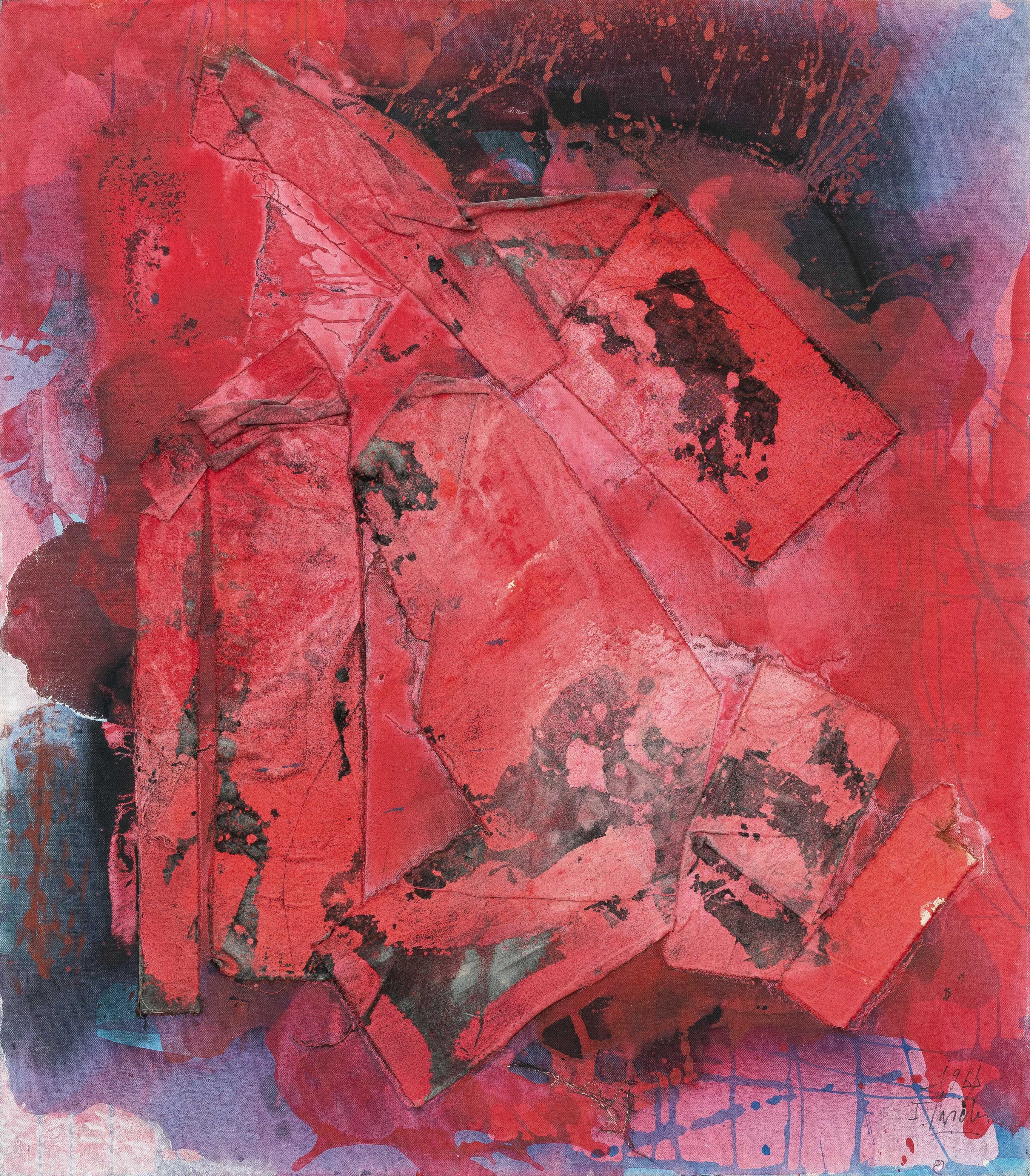 Artwork by Fred Thieler, Surface relief: Red-66-F.III, Made of Mixed media with fabric collage on canvas