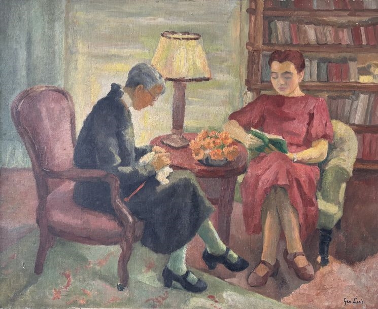 Artwork by Gen Luis, La lecture, mère et sœur de l'artiste, Made of oil on canvas