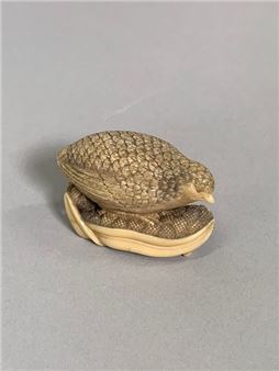 Japan, Edo period (1615-1868), early 19th century Ivory netsuke depicting a quail on two ears of millet and their long leaves, the ivory stained in places, the eyes inlaid with horn, signed Okatomo 岡友 in a rectangular cartouche below, probably by Yamaguchi Okatomo, Kyoto - Yamaguchi Okatomo