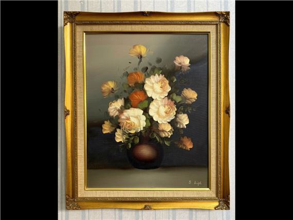 depicting a vase of roses in full bloom - S. Leigh