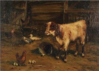 'Chickens and Calf in a Barn' - Joseph Denovan Adam