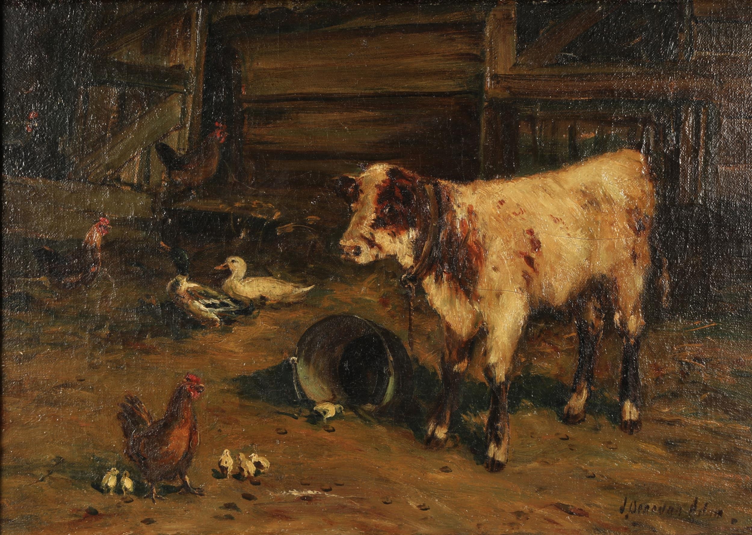 Artwork by Joseph Denovan Adam, 'Chickens and Calf in a Barn', Made of oil on board