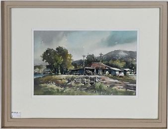 A watercolor landscape of a rustic house nestled among hills and trees.