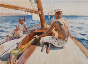Nautical Scene with Two Sailors on a Yacht - Guilio de Blaas