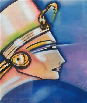 A stylized profile portrait of a figure wearing an elaborate headdress against a blue background.