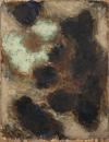 An abstract composition featuring dark organic shapes against a textured, earthy background.