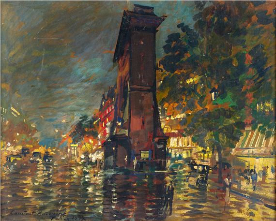 A nocturnal impressionist painting of a bridge tower reflecting in wet streets.