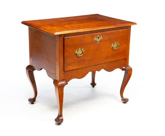 QUEEN ANNE LOW CHEST. A couple age splits on top. Replaced brasses, glued repair to left front chest. 05/15/2025, JS (MJ - Anne Low