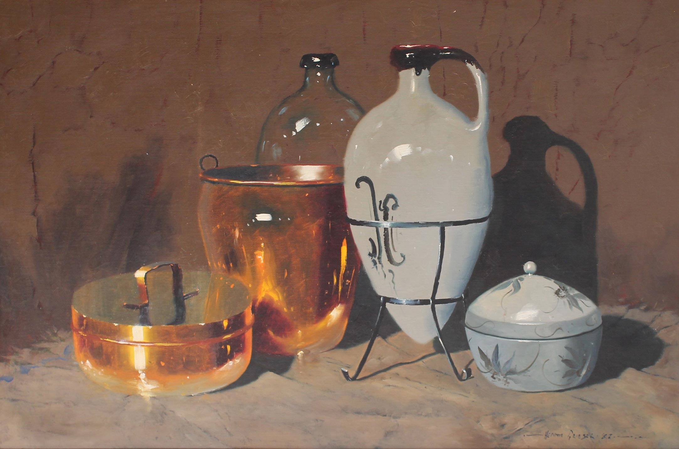 Artwork by Hennie Griesel, Still Life with Copper Pots, Made of Oil on Canvas on Board