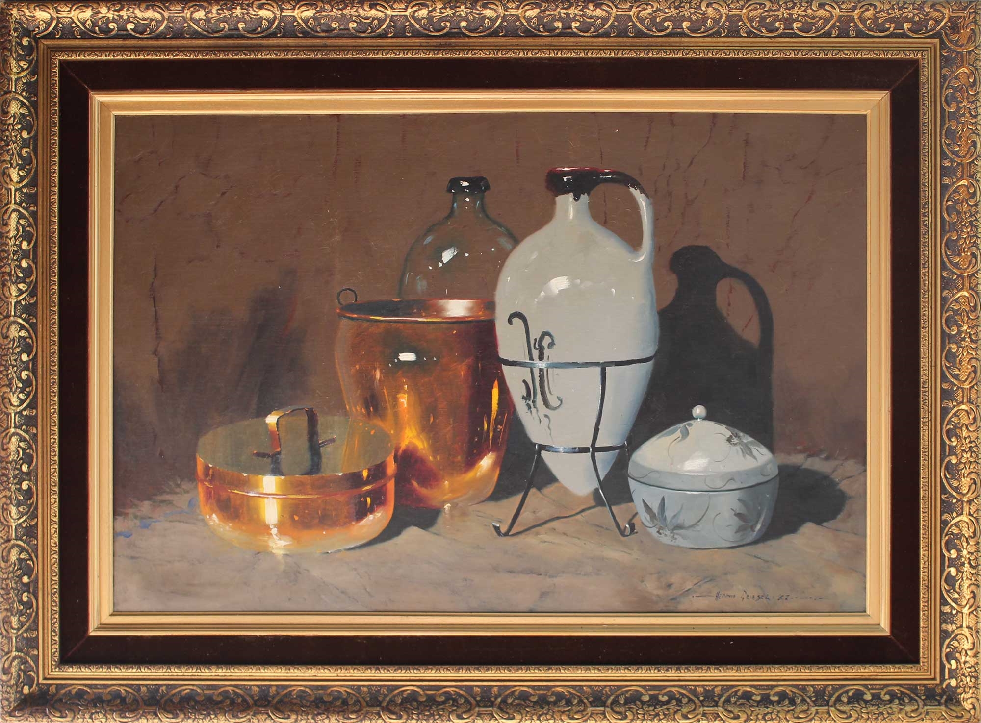 Artwork by Hennie Griesel, Still Life with Copper Pots, Made of Oil on Canvas on Board