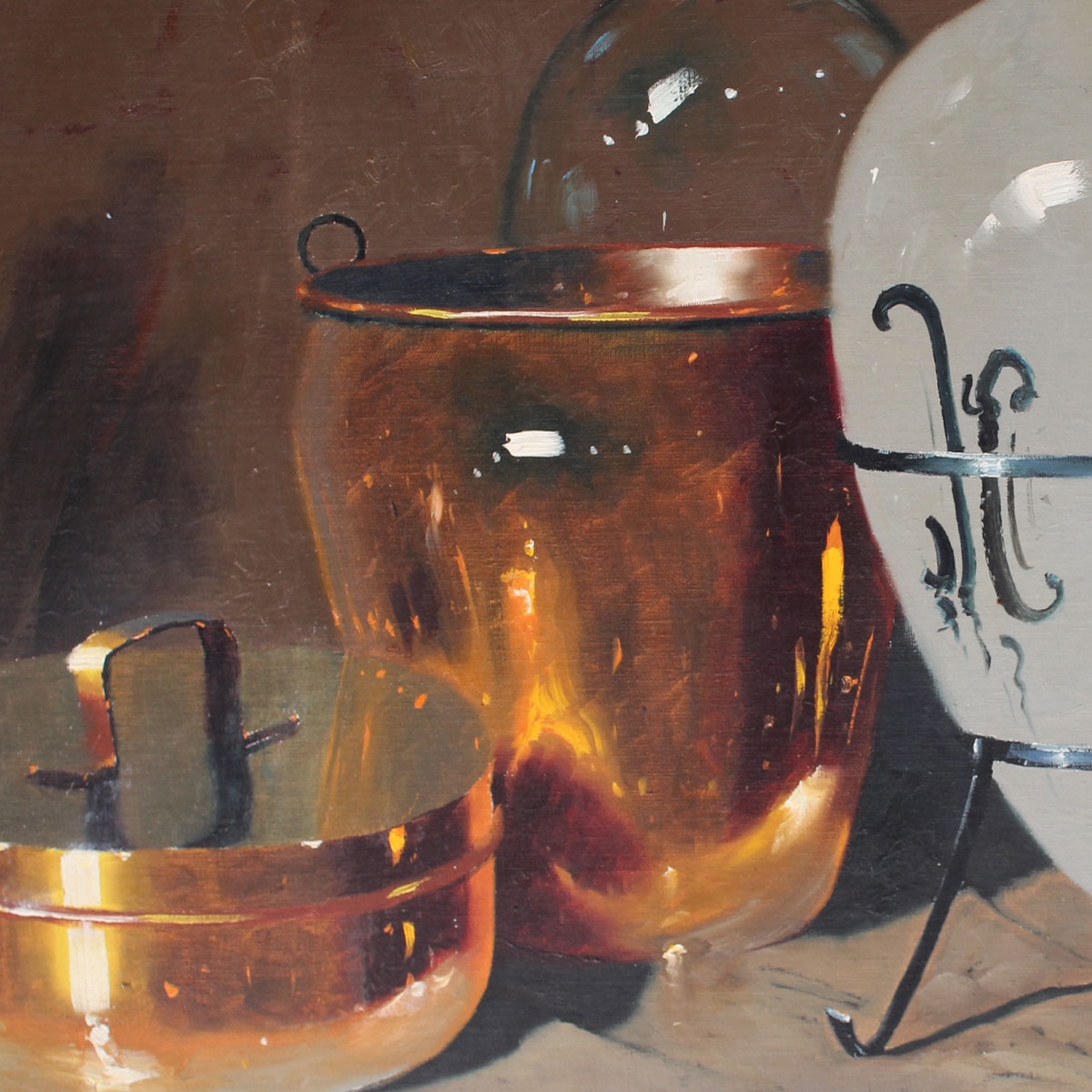 Artwork by Hennie Griesel, Still Life with Copper Pots, Made of Oil on Canvas on Board