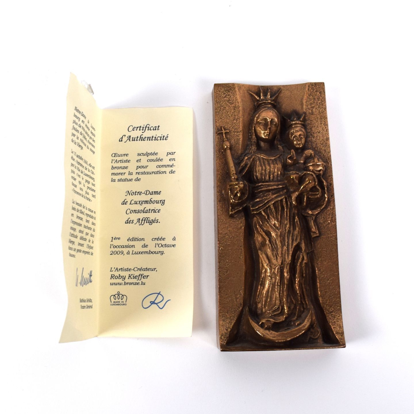 Artwork by Roby Kieffer, RELIGIOSA. Bronze sculpture commemorating the restoration of the statue of ND de Luxembourg, Made of Bronze sculpture