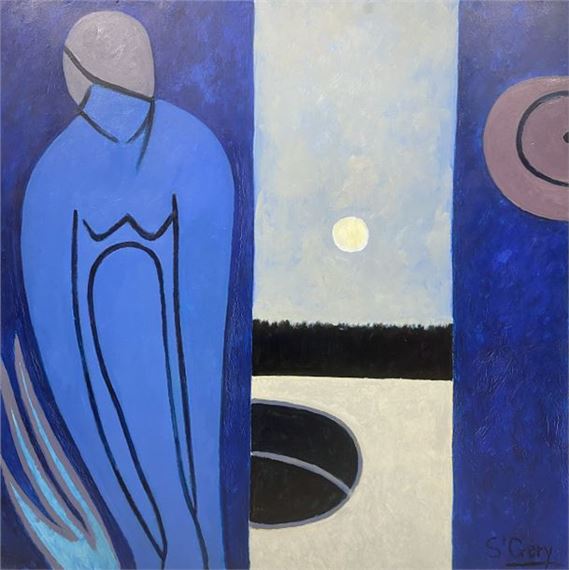 Abstract composition with woman in blue
