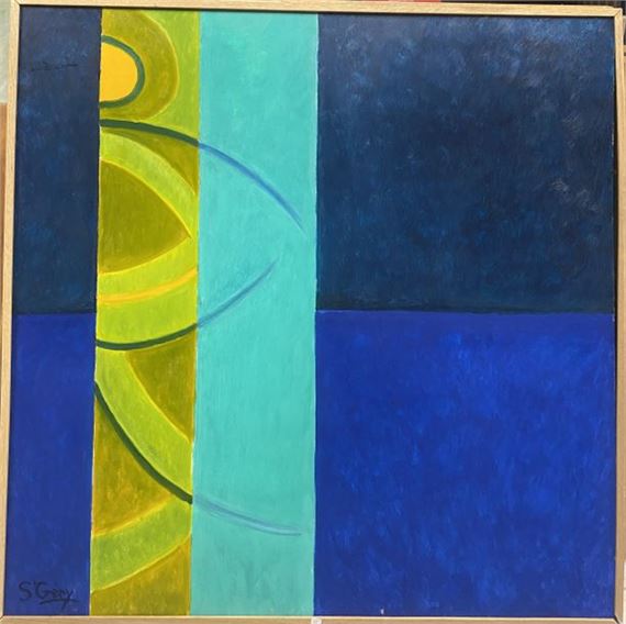 Abstract composition with green and blue leaves