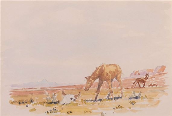 SOUTHERN ALBERTA LANDSCAPE WITH FOAL AND BISON SKULL