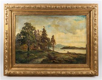 Insjölandskap med stuga och figurer - Gustaf Kinmansson