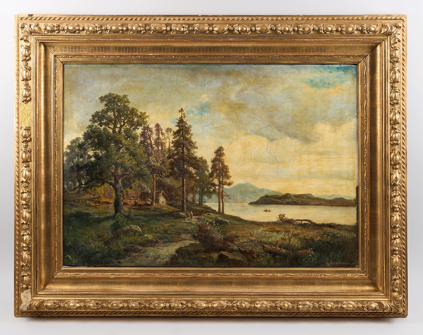 Artwork by Gustaf Kinmansson, Insjölandskap med stuga och figurer, Made of oil on canvas