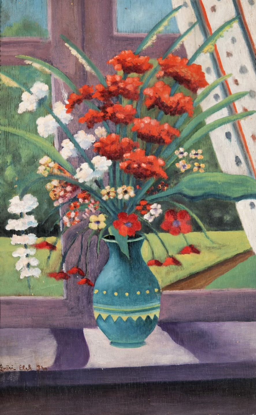 Artwork by Elek Gyori, Still Life with Flowers, Made of oil on wood