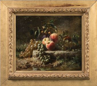 Gustave Émile COUDER (1845-1903), Nature morte aux fruits d'automne, pêches et raisins, huile sur toile, signé en bas à droite. 54 x 65 cm. OH - Gustave Emile Couder
