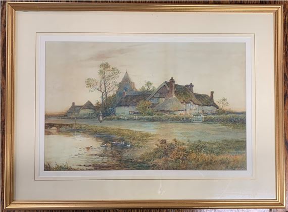Village scene with a foreground pond and thatched cottages - Sophia Sinclair