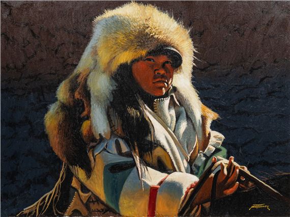 A portrait of a person in heavy fur clothing holding a rifle against a dark, textured background.