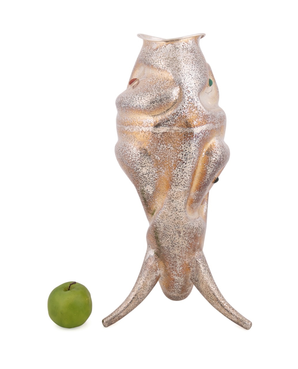 Artwork by Roberto Ceccherini, 1960s. Fish vase in 800 silver with semi-precious cabochon stones, Made of silver