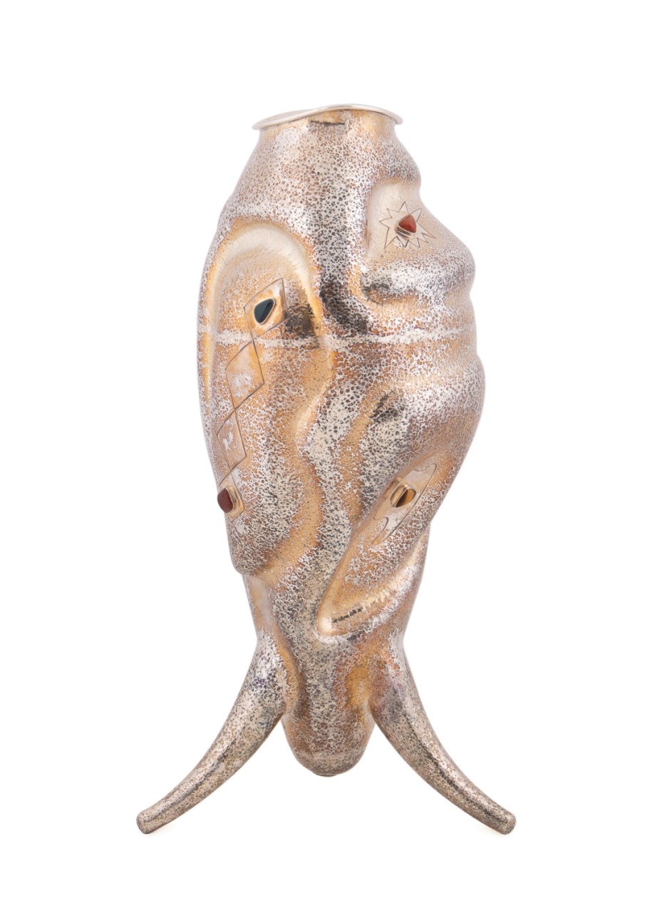 Artwork by Roberto Ceccherini, 1960s. Fish vase in 800 silver with semi-precious cabochon stones, Made of silver