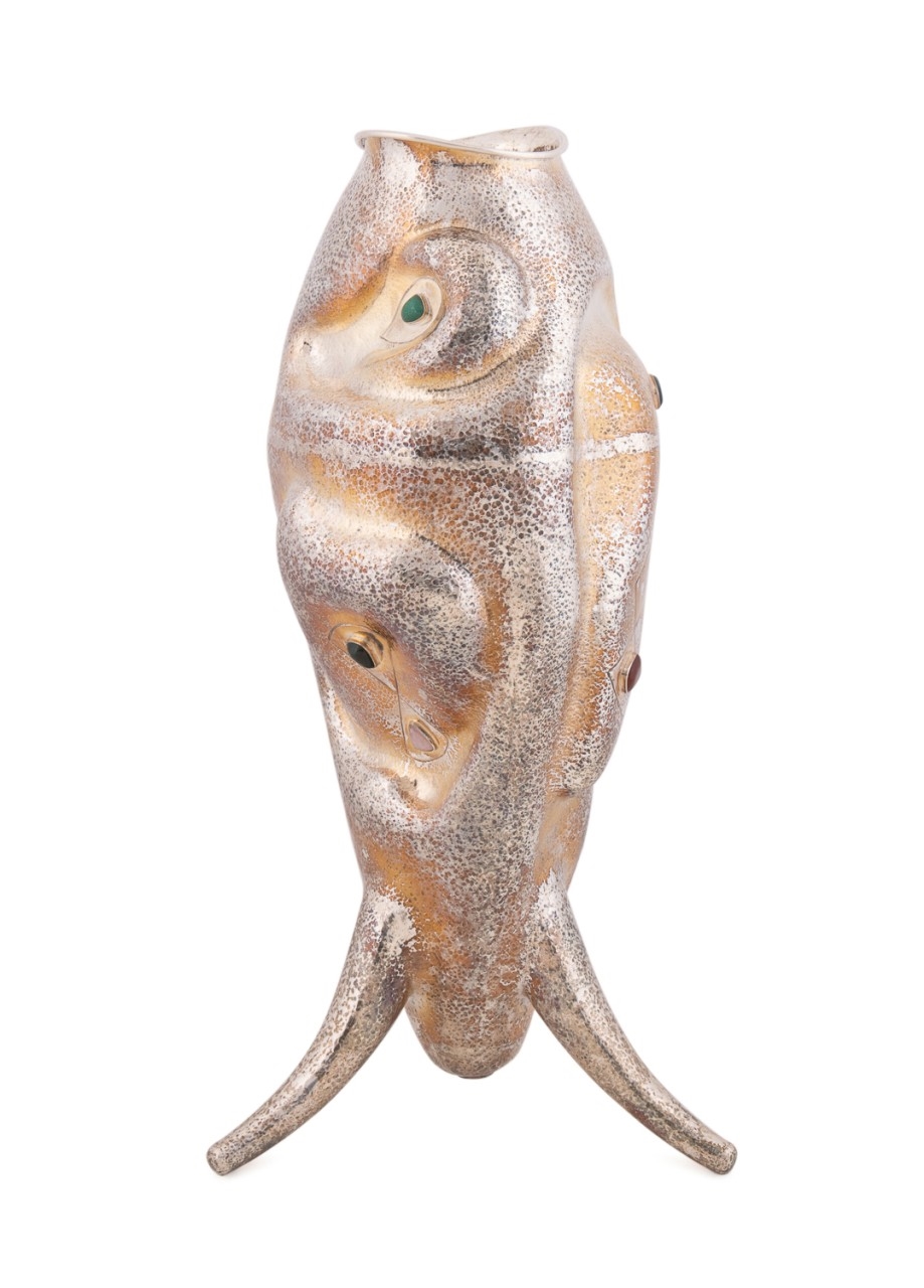 Artwork by Roberto Ceccherini, 1960s. Fish vase in 800 silver with semi-precious cabochon stones, Made of silver