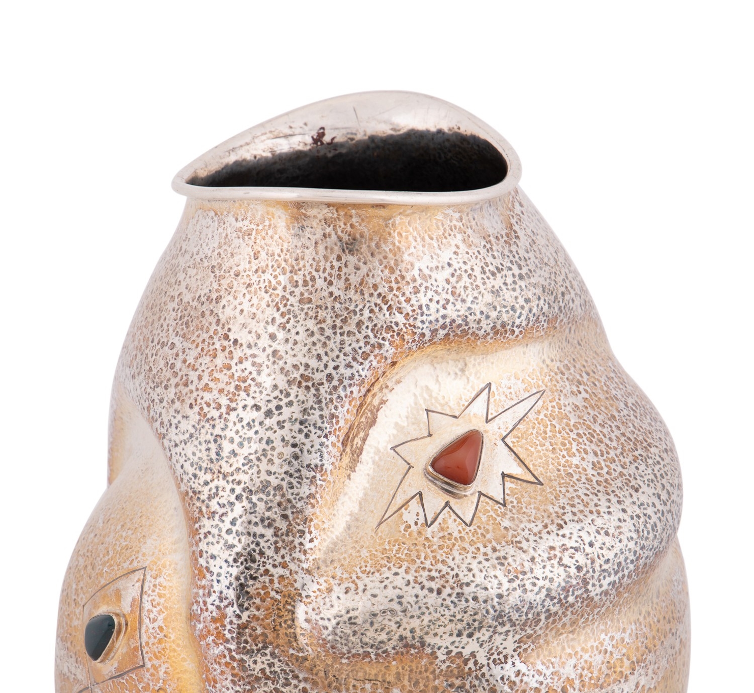 Artwork by Roberto Ceccherini, 1960s. Fish vase in 800 silver with semi-precious cabochon stones, Made of silver