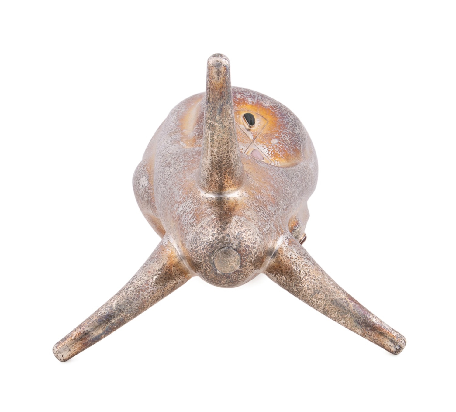 Artwork by Roberto Ceccherini, 1960s. Fish vase in 800 silver with semi-precious cabochon stones, Made of silver