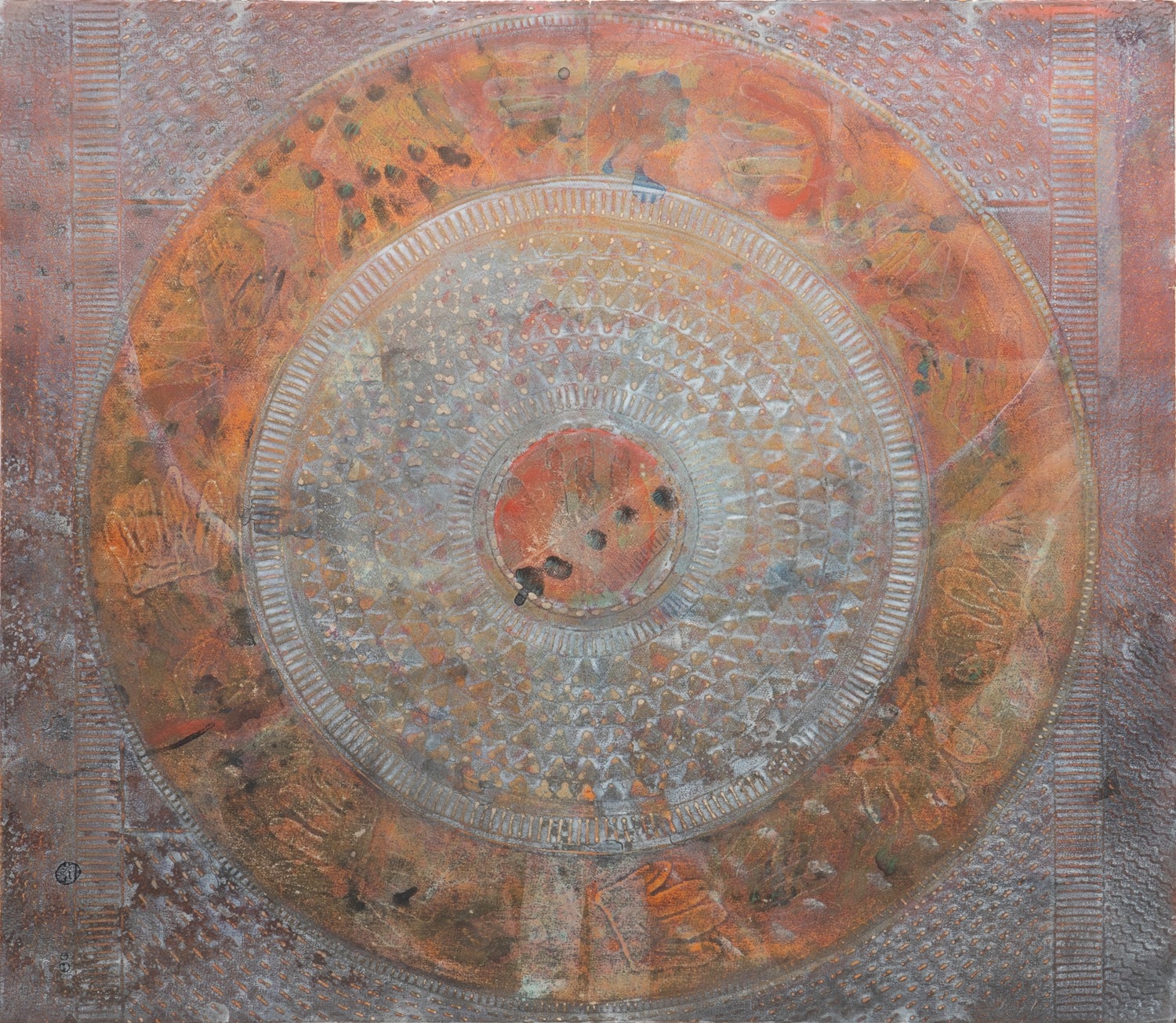 Artwork by Frank Faulkner, Untitled - Circle Motif Abstract, 1983, mixed media on embossed paper, pencil signed and dated to LL, Made of mixed media on embossed paper, pencil