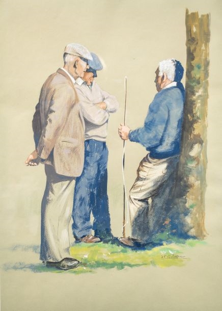 Artwork by Jean Pierre Guiriec, Les pêcheurs, Made of Technique mixte sur papier