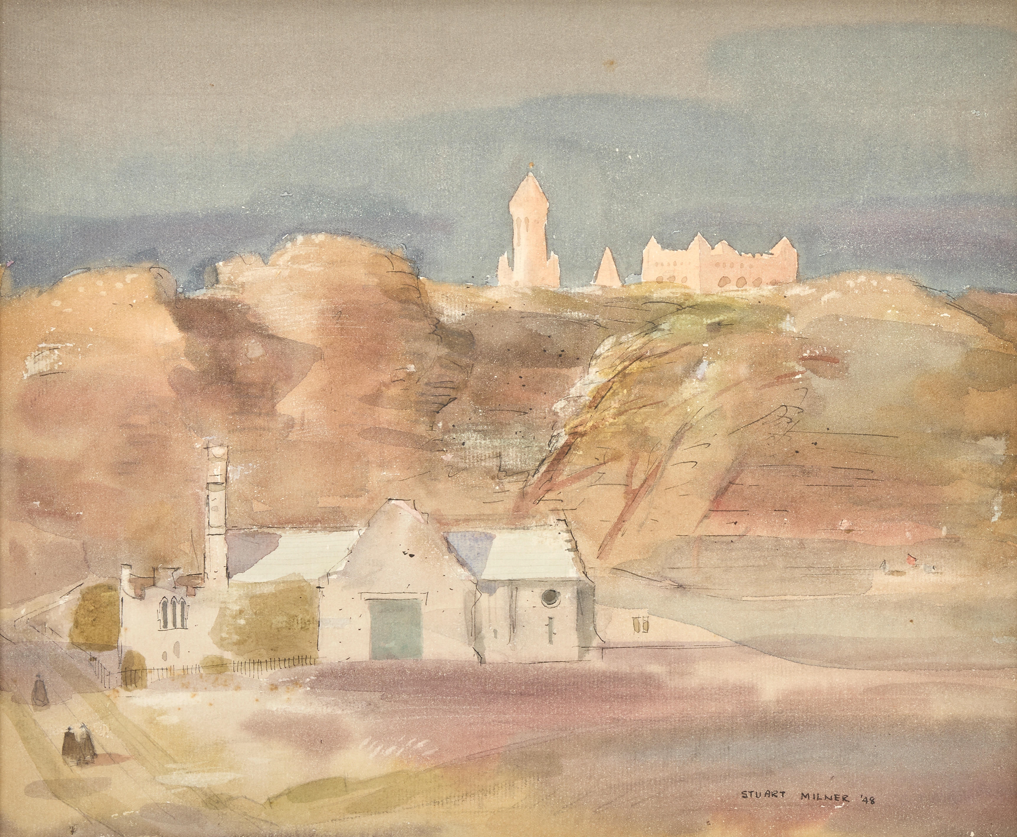 Artwork by Thomas Stuart Milner, Continental chapel with tower, Made of watercolour and pen and ink