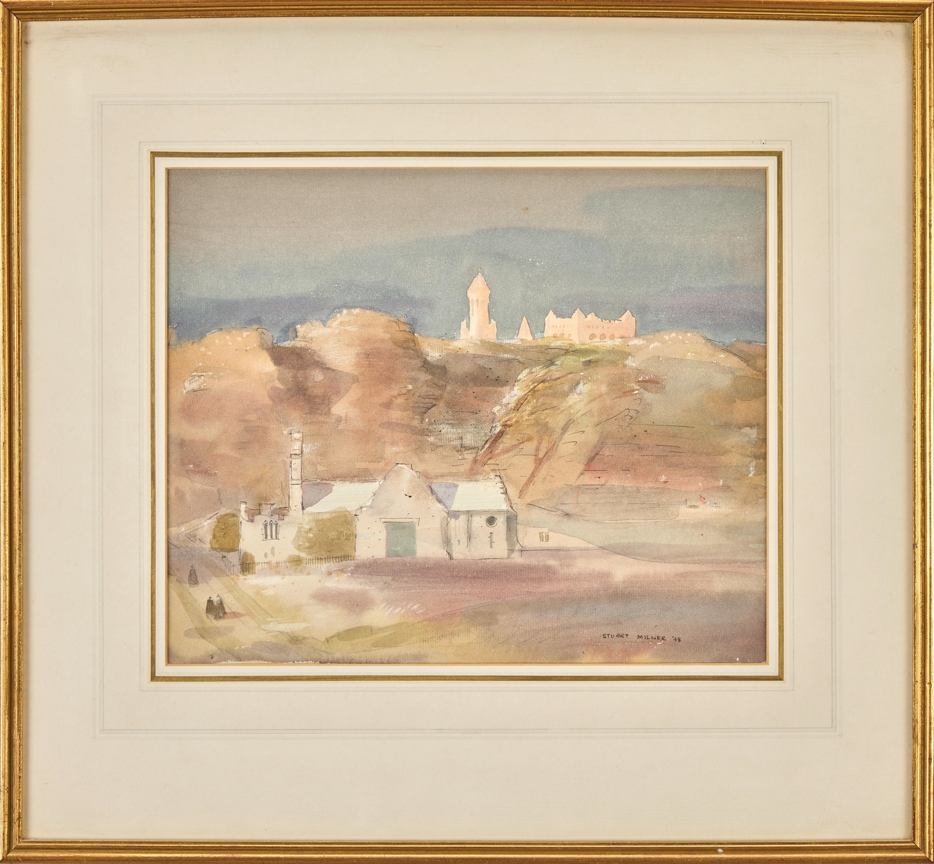 Artwork by Thomas Stuart Milner, Continental chapel with tower, Made of watercolour and pen and ink