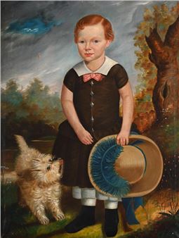 PORTRAIT OF A BOY WITH A DOG - American Primitive School, 19th Century