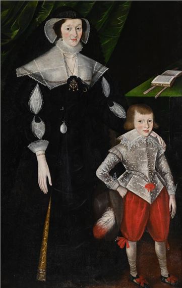 DOUBLE PORTRAIT OF A MOTHER AND SON OF THE FAMILY OF DAVIES OF GWYSANEY, POSSIBILY ROBERT DAVIS IN A WHITE DOUBLET AND RED BREECHES AND HIS MOTHER ANNE HAYNES IN A BLACK AND WHITE DRESS WITH A LARGE COLLAR by John Souch
