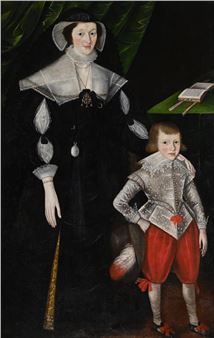 DOUBLE PORTRAIT OF A MOTHER AND SON OF THE FAMILY OF DAVIES OF GWYSANEY, POSSIBILY ROBERT DAVIS IN A WHITE DOUBLET AND RED BREECHES AND HIS MOTHER ANNE HAYNES IN A BLACK AND WHITE DRESS WITH A LARGE COLLAR - John Souch