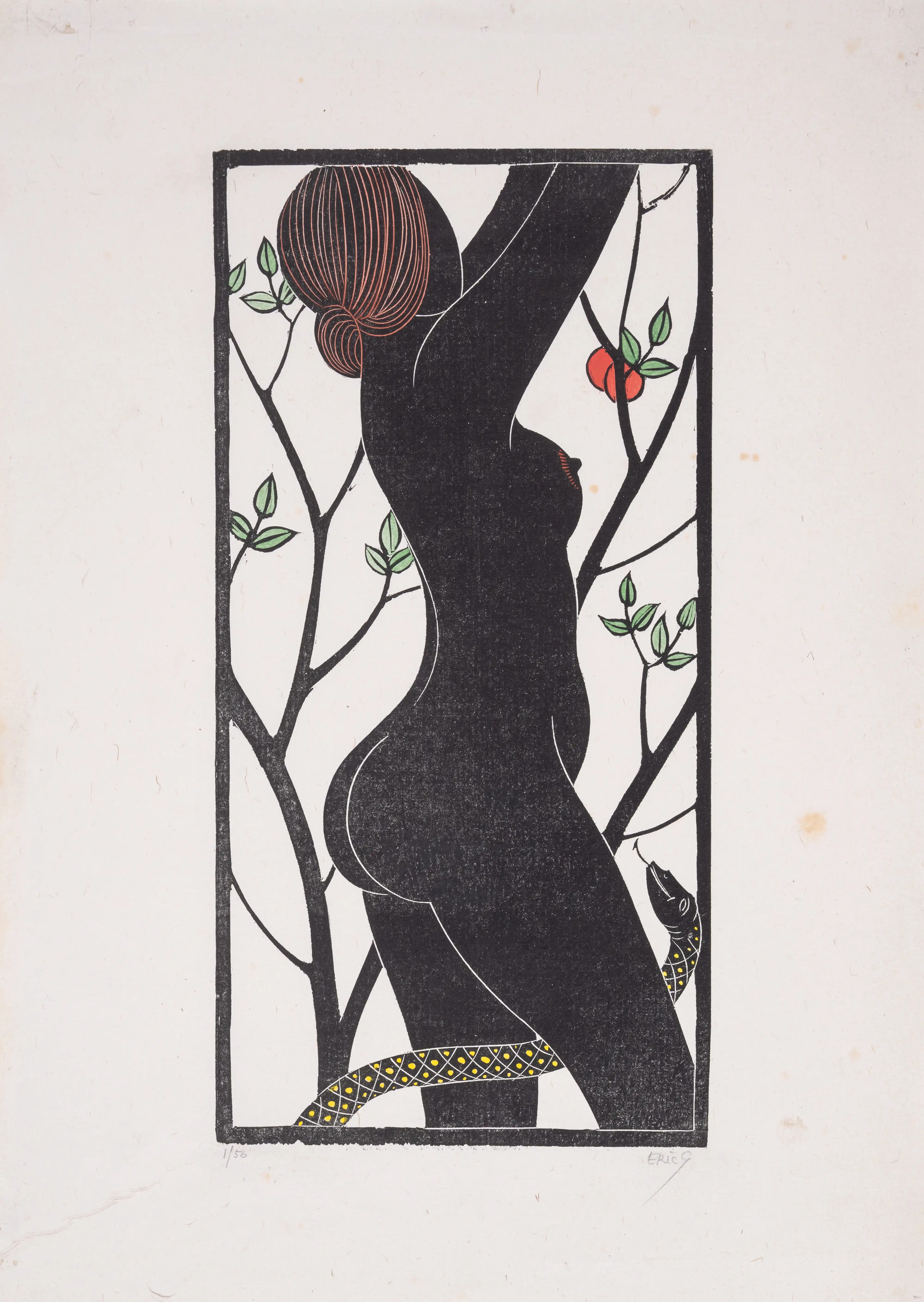 Artwork by Eric Gill, Eve, Made of hand-coloured wood-engraving